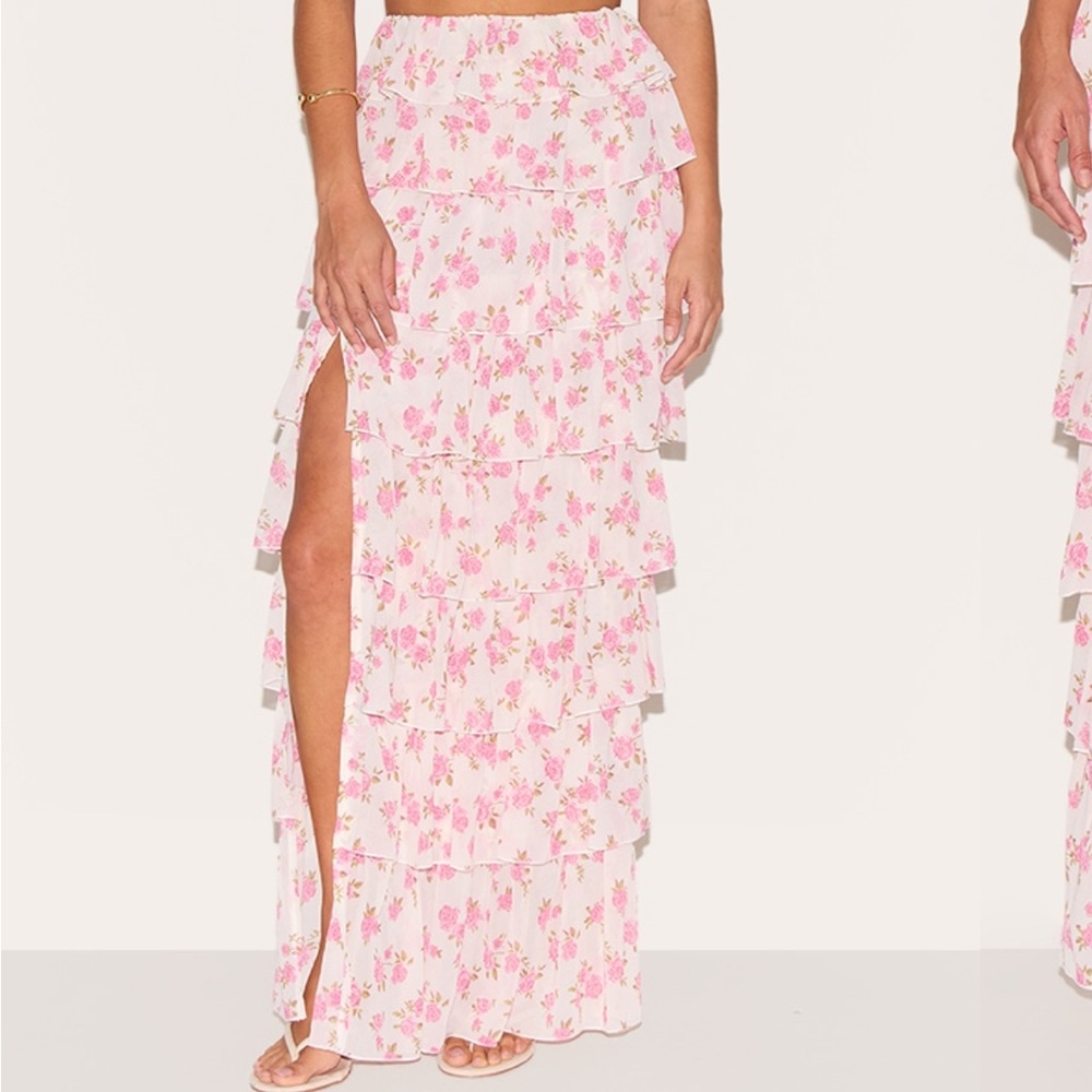 NWT PrettyLittleThing Multi Floral Ruffle Maxi Skirt - Pink out of stock online